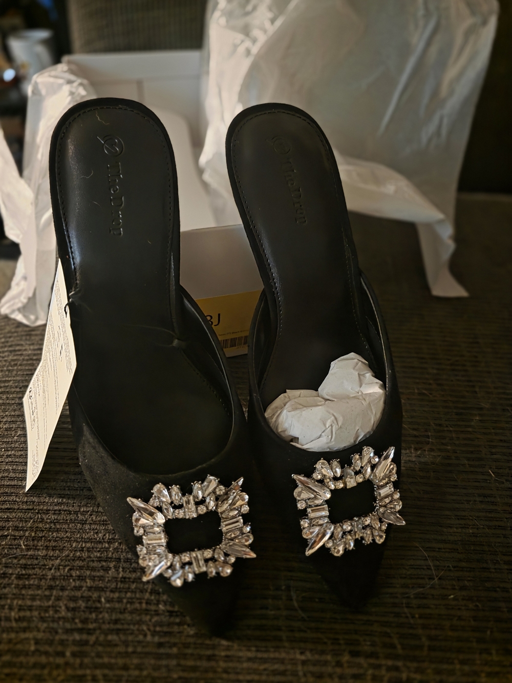 Crystal-Buckle Black Suede Mule Heels